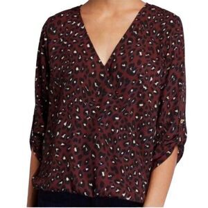 West Kei Women's S Leopard Print Hi Low Surplice Top Tie Sleeve Blouse